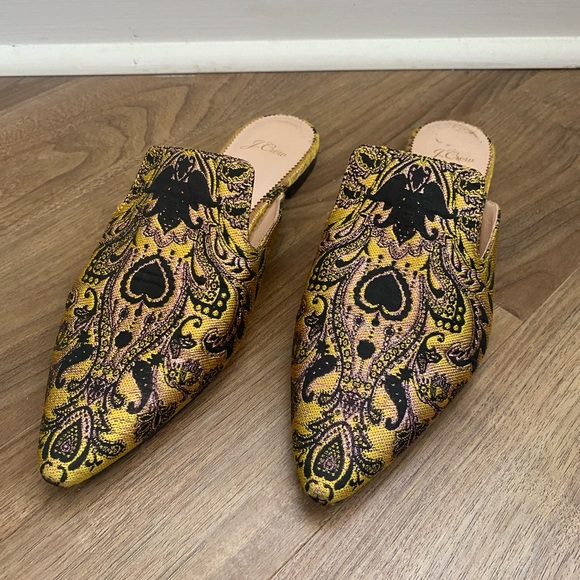 J. Crew Marina Marigold/Black Brocade Pointed Toe Flat Mule-Size 8 - Picture 1 of 10
